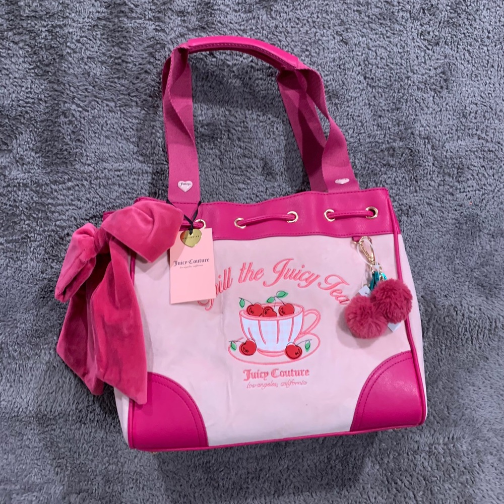 Juicy Couture Spill the Juicy Tea Pink Velour Tote Bag Cherry Bow Y2K McBling